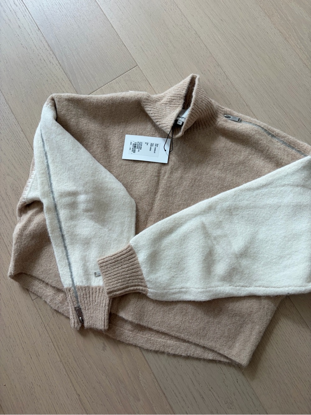 3.1 Phillip Lim Two-Tone Zip Mock Neck Sweater in Beige and Cream